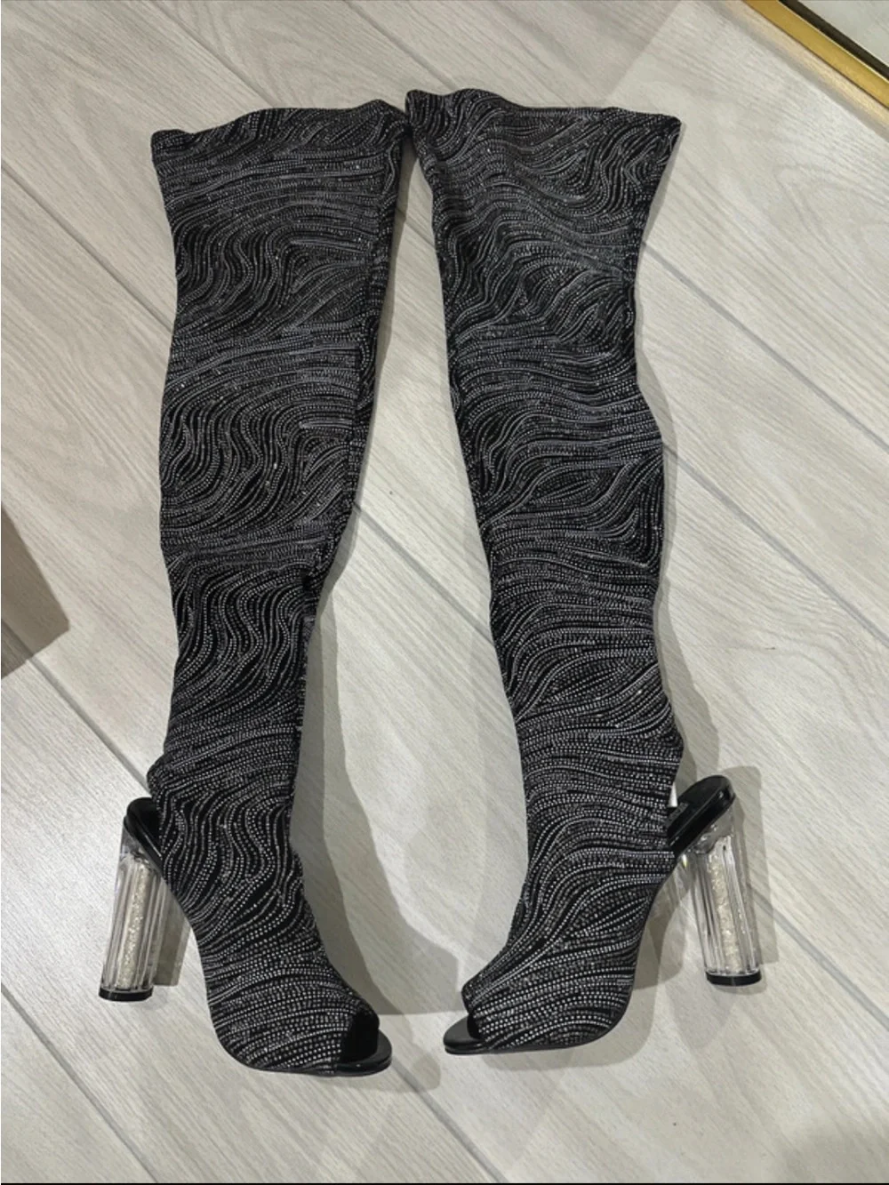 Cape Robbin Black Glitter Over-the-Knee Sock Boots with Clear Block Heel